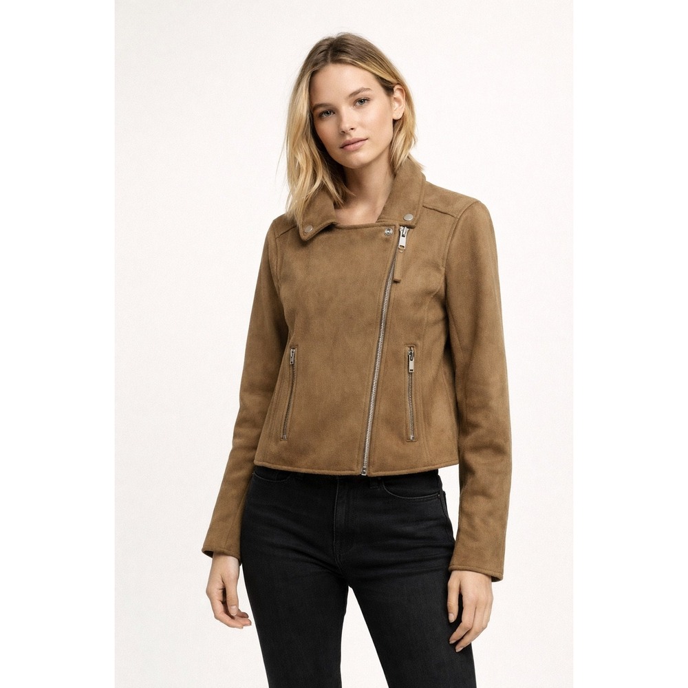 Abercrombie & Fitch Women Faux Suede Zip Moto Biker Jacket Tan Brown M Edgy Chi - Picture 1 of 11